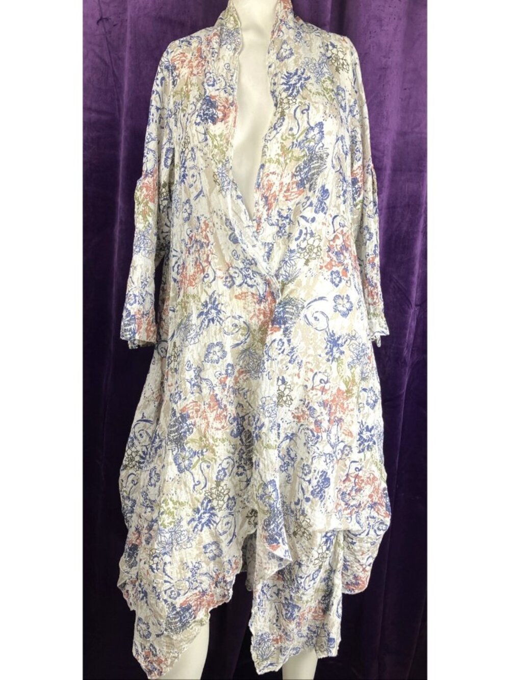 Us 8 Luukaa Linen Blend Duster Lagenlook Floral Print Bubble Ruched